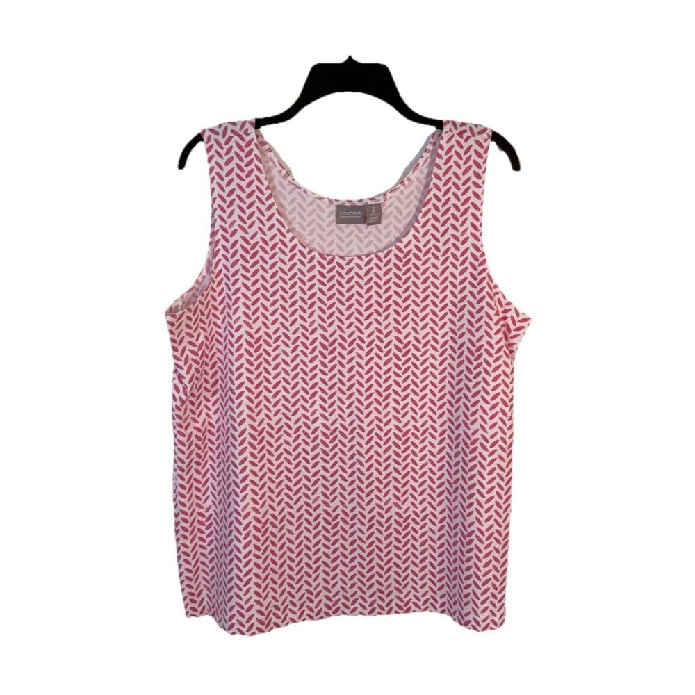Chicos Womens Tank Top Size 3 Sleeveless Blouse Round Neck Pink White Soft